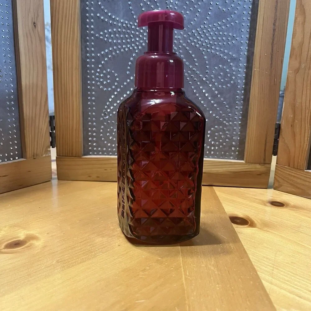 Bath & Body Works Glass Foaming Soap Holder Dispenser Pump Red Bathroom Decor